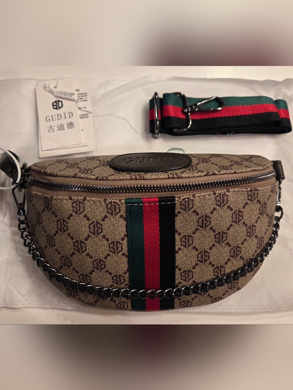 Gudid Brown Monogram Crossbody Bag with Green/Red/Black Stripe